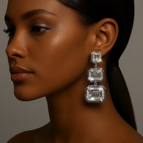 Clear Triple Crystal Drop Earrings – Glam Geometric Statement Jewelry 1.75" - Picture 1 of 9